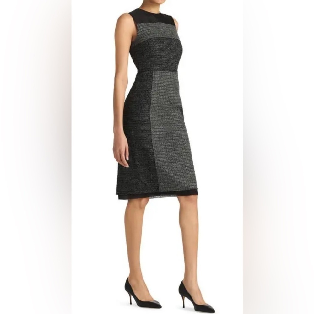 NWT $1595 ST. JOHN Micro Tweed Sheath Dress in Gray/Black/Ecru Size 12